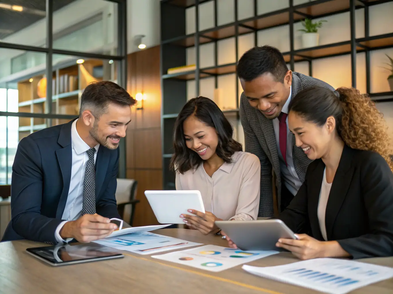 A diverse team of financial experts collaborating in a bright, modern office, representing the collaborative and supportive environment of Beneficial Business Solutions.