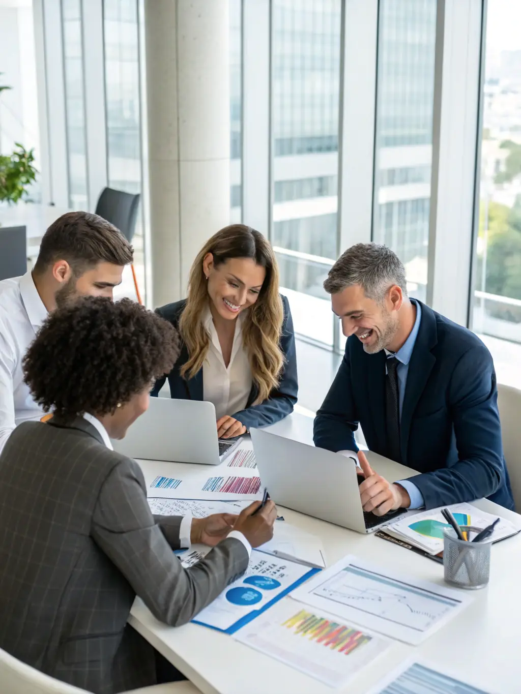 A diverse group of financial advisors collaborating in a modern office space, symbolizing the community and networking opportunities facilitated by The Sponsor Method.
