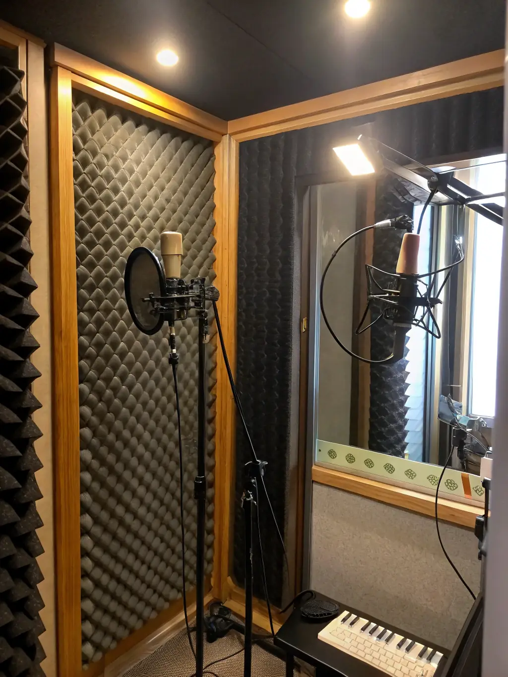 A modern podcasting setup with microphones and soundproofing, emphasizing the support The Sponsor Method offers in content creation and brand building.