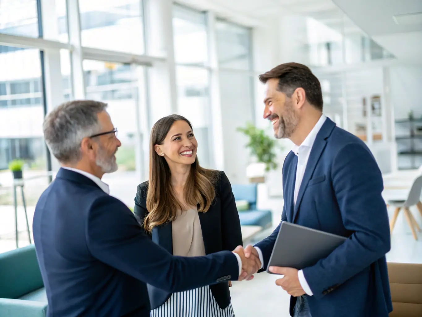 A satisfied financial advisor shaking hands with a client in a modern office, symbolizing the enhanced client relationships fostered by Beneficial Business Solutions.