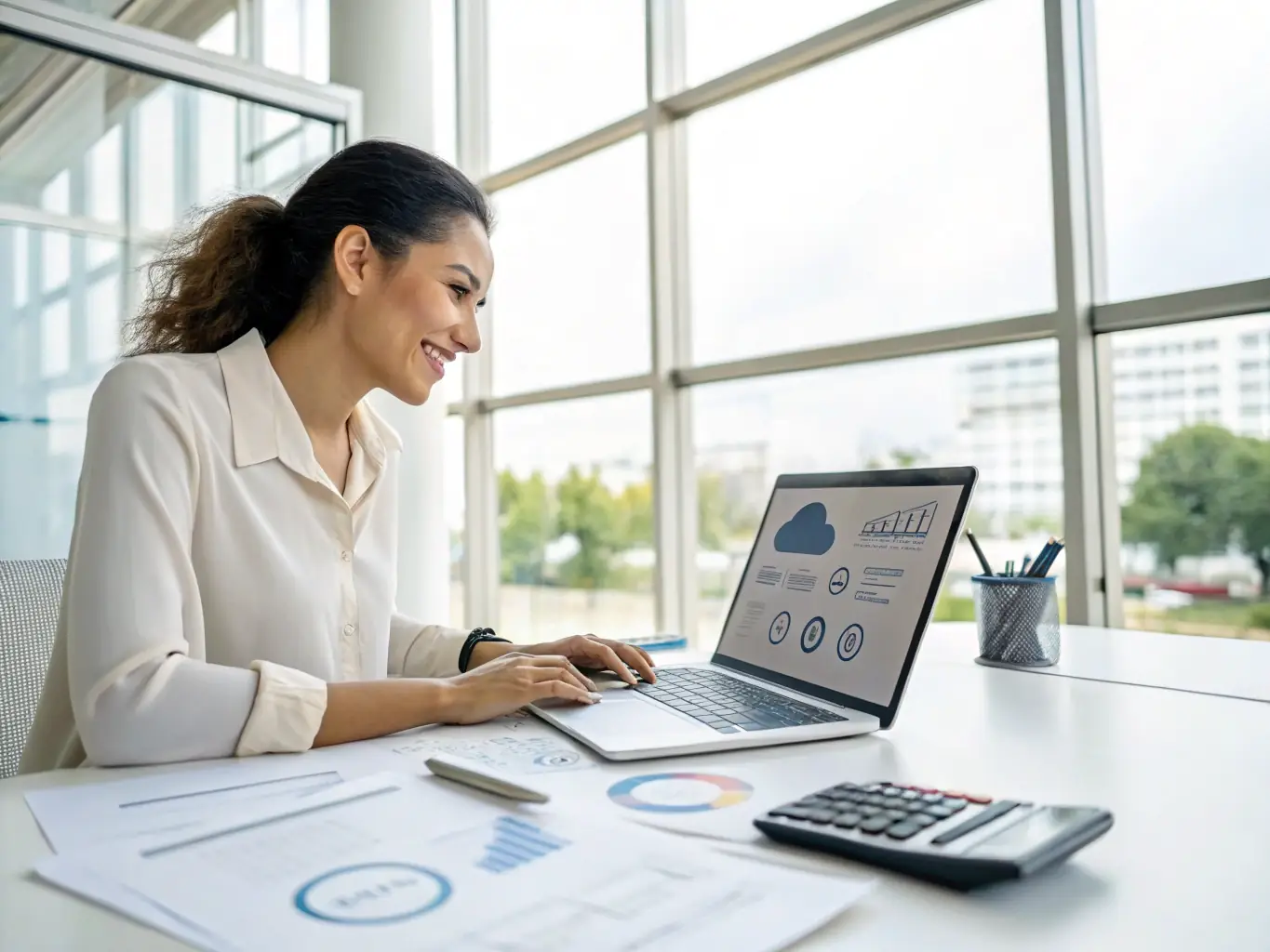 A professional financial advisor using Beneficial Business Solutions software on a laptop in a modern office setting, showcasing the efficiency and technology.
