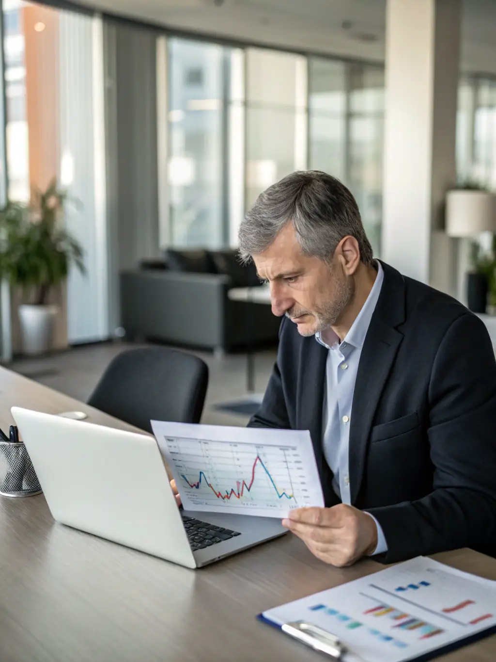 A professional financial advisor is reviewing a detailed report with a focused expression, highlighting the analytical support provided by The Sponsor Method.